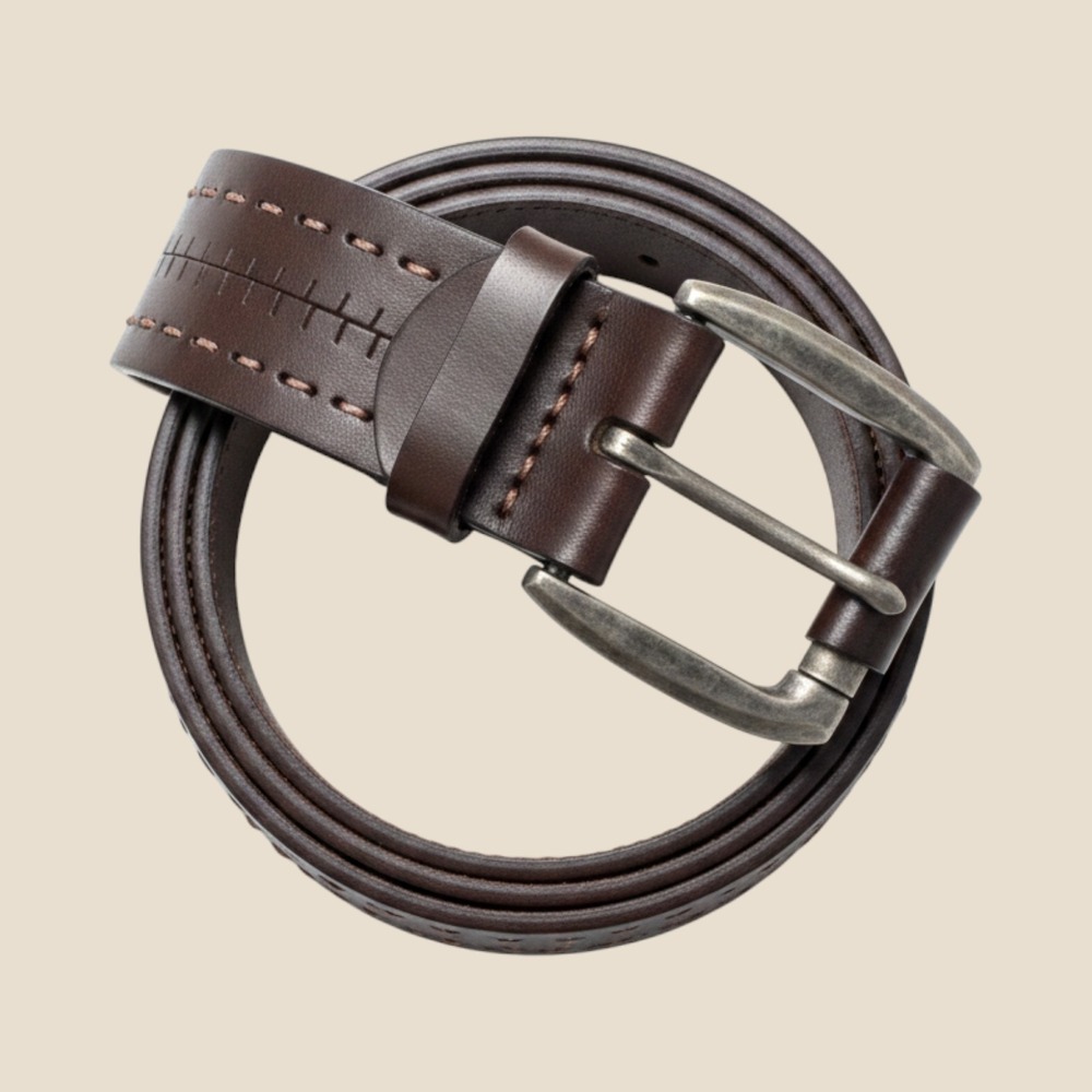 men's dark brown leather Orvis belt thick, rugged‎ strap accent stitch rows 44